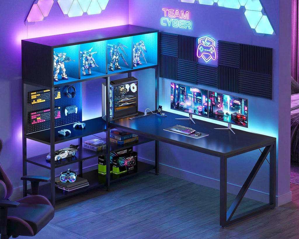 63" L Shaped Gaming Desk with Display Hutch A44018