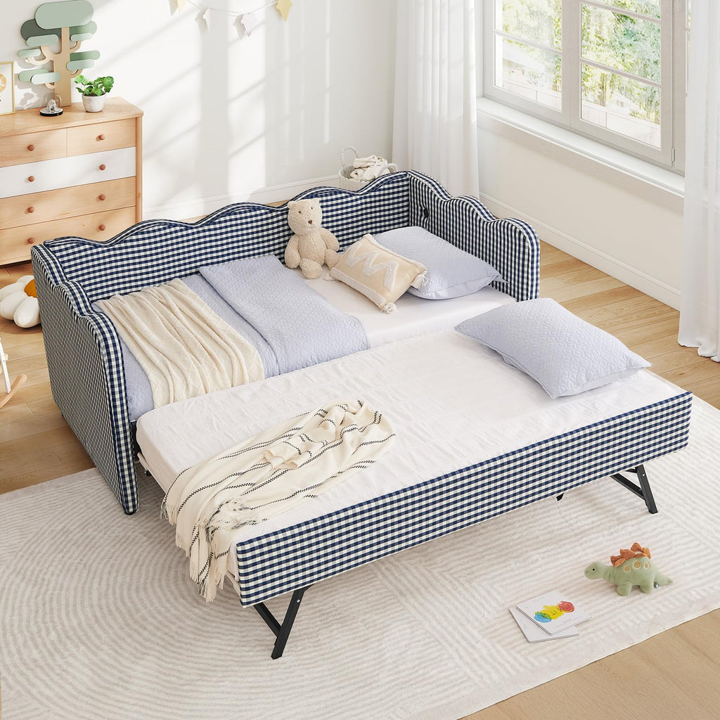 Blue Linen Upholstered Twin Daybed with Trundle V340