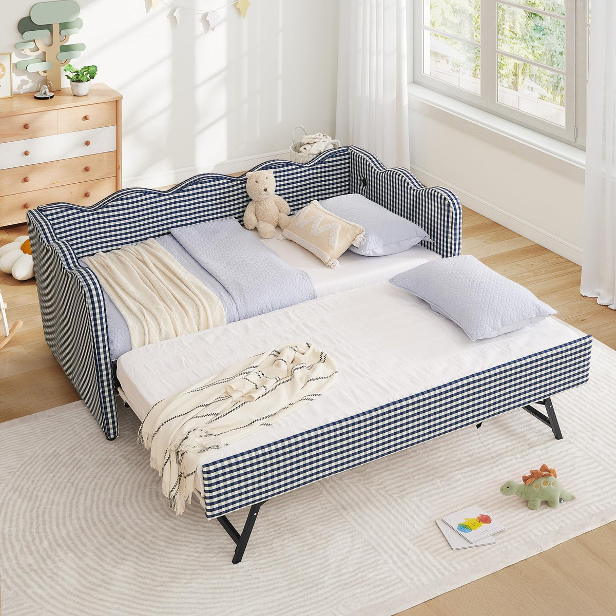Blue Linen Upholstered Twin Daybed with Trundle V340