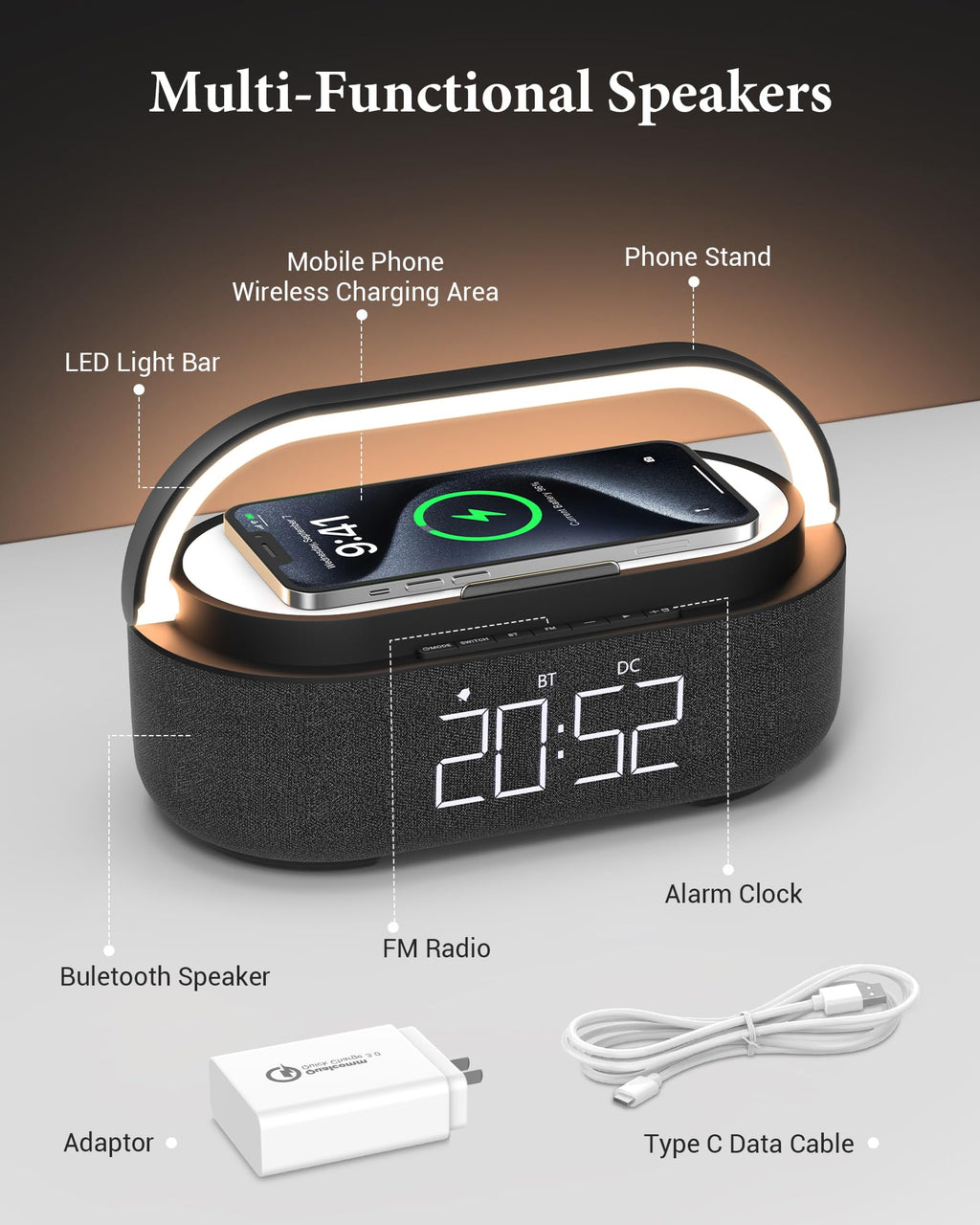 Bluetooth Speaker with Wireless Charger FM Radio LED Light A588885