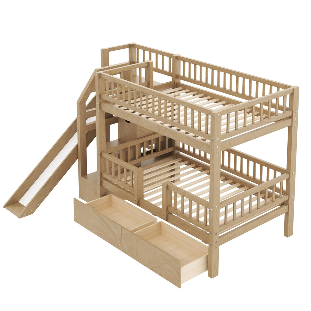 Twin Over Twin Bunk Bed with Slide and Storage Drawers D788121