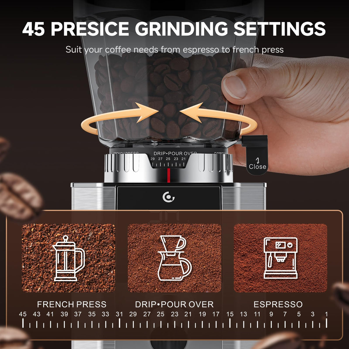 Conical Burr Coffee Grinder with 45 Grind Settings C613