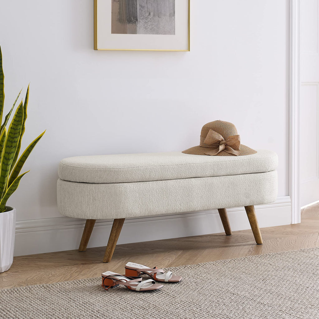 Beige Oval Storage Ottoman Bench with Rubber Wood Legs F934