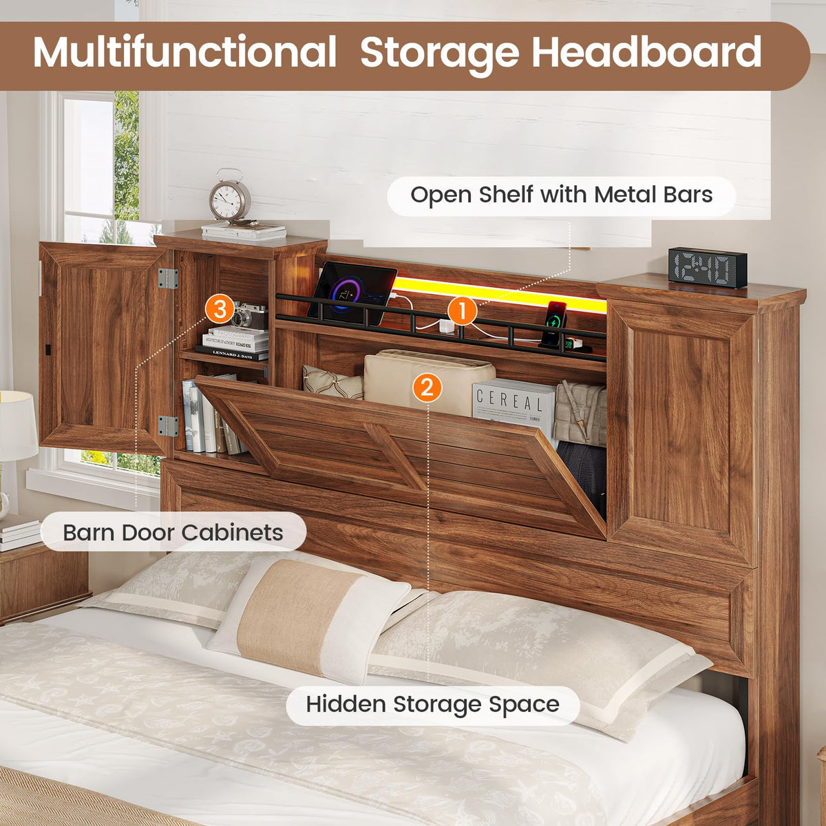 Queen Size Wooden Platform Bed Frame with Headboard Storage Drawers K21232