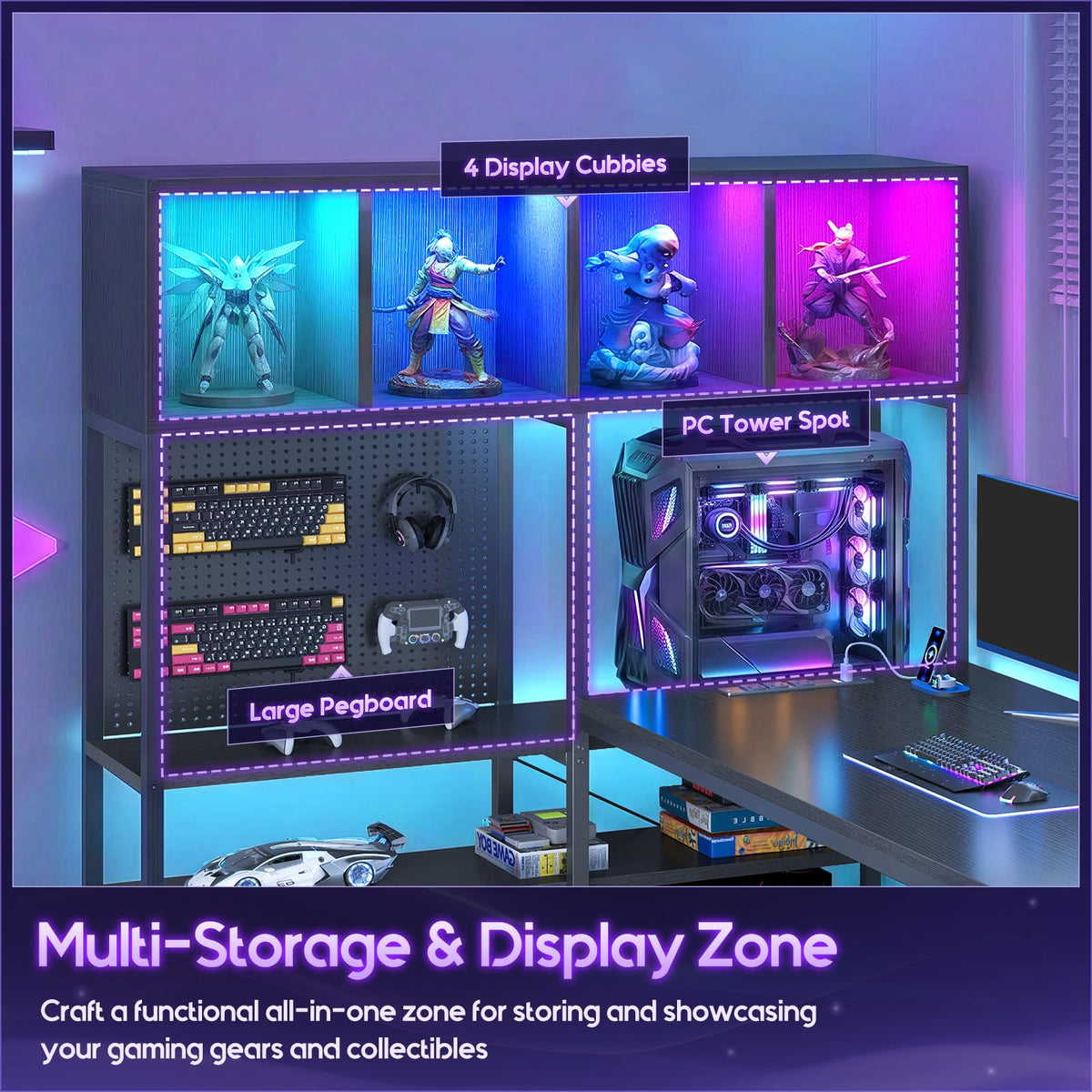 63" L Shaped Gaming Desk with Display Hutch A44018