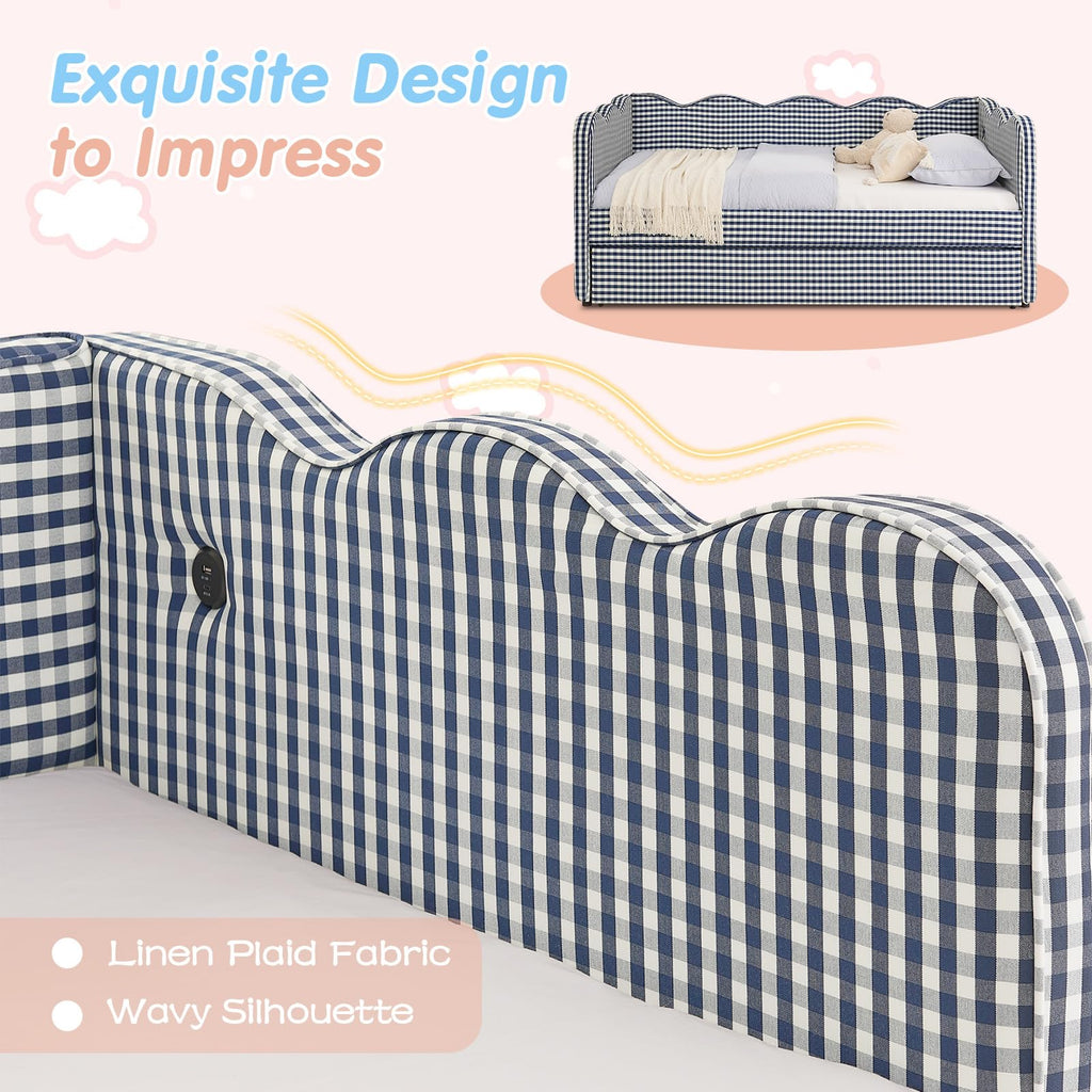 Blue Linen Upholstered Twin Daybed with Trundle V340