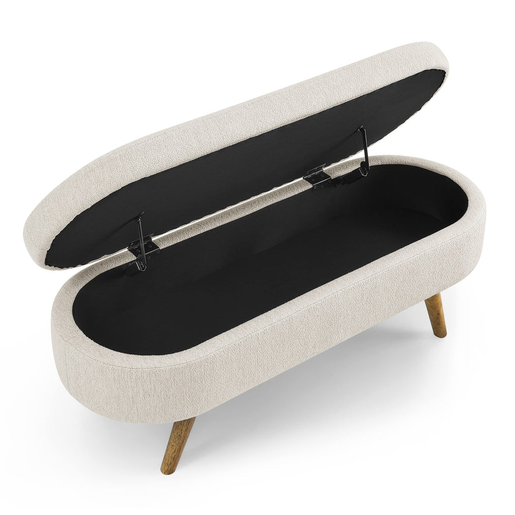 Beige Oval Storage Ottoman Bench with Rubber Wood Legs F934