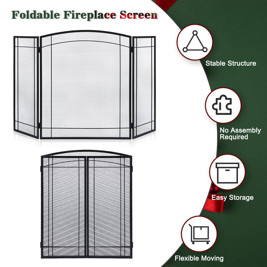 3 Panel 48" W x 29" H Foldable Wrought Metal Decorative Mesh Fireplace Screen V2283
