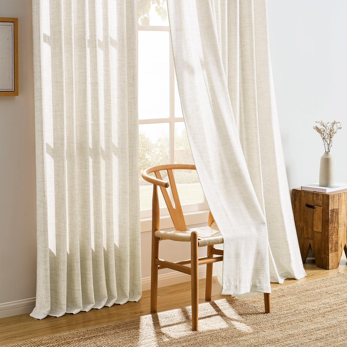 Pinch Pleated Sheer Curtains 140 Inches Long Cream Linen Textured Set of 2 N149