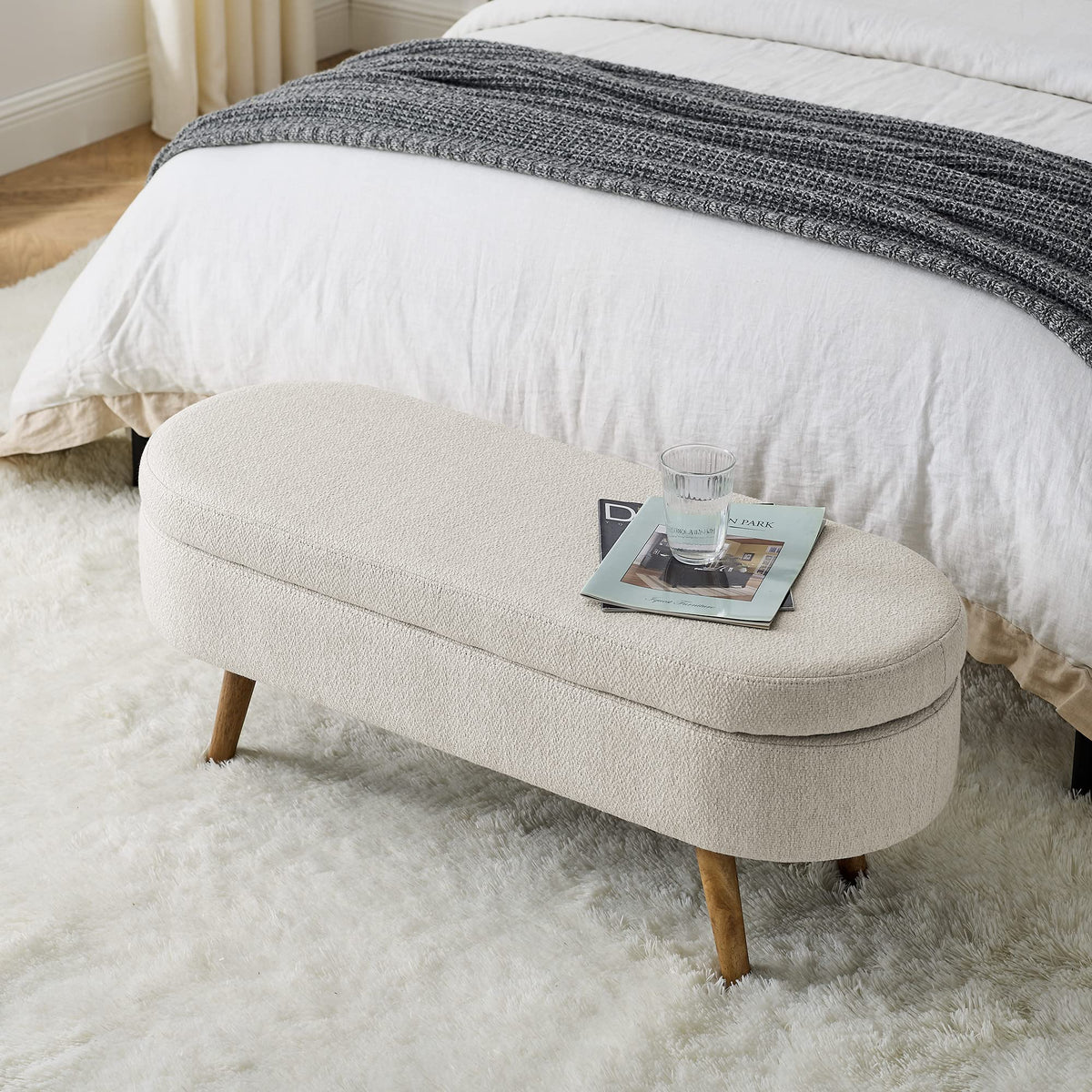 Beige Oval Storage Ottoman Bench with Rubber Wood Legs F934