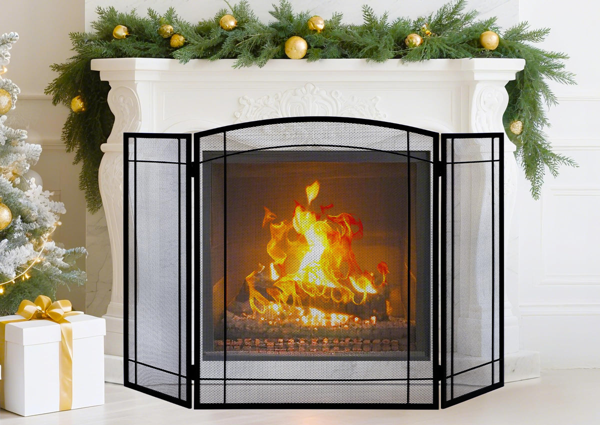 3 Panel 48" W x 29" H Foldable Wrought Metal Decorative Mesh Fireplace Screen V2283